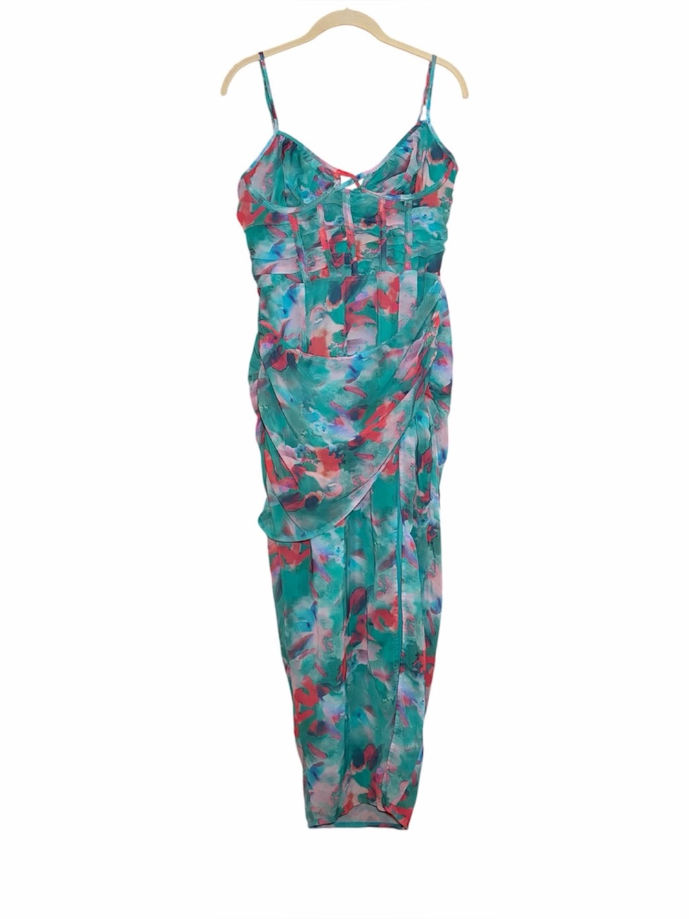 Pretty Little Thing Green Watercolor Print Chiffon Cup Detail Maxmidi Dress NWT